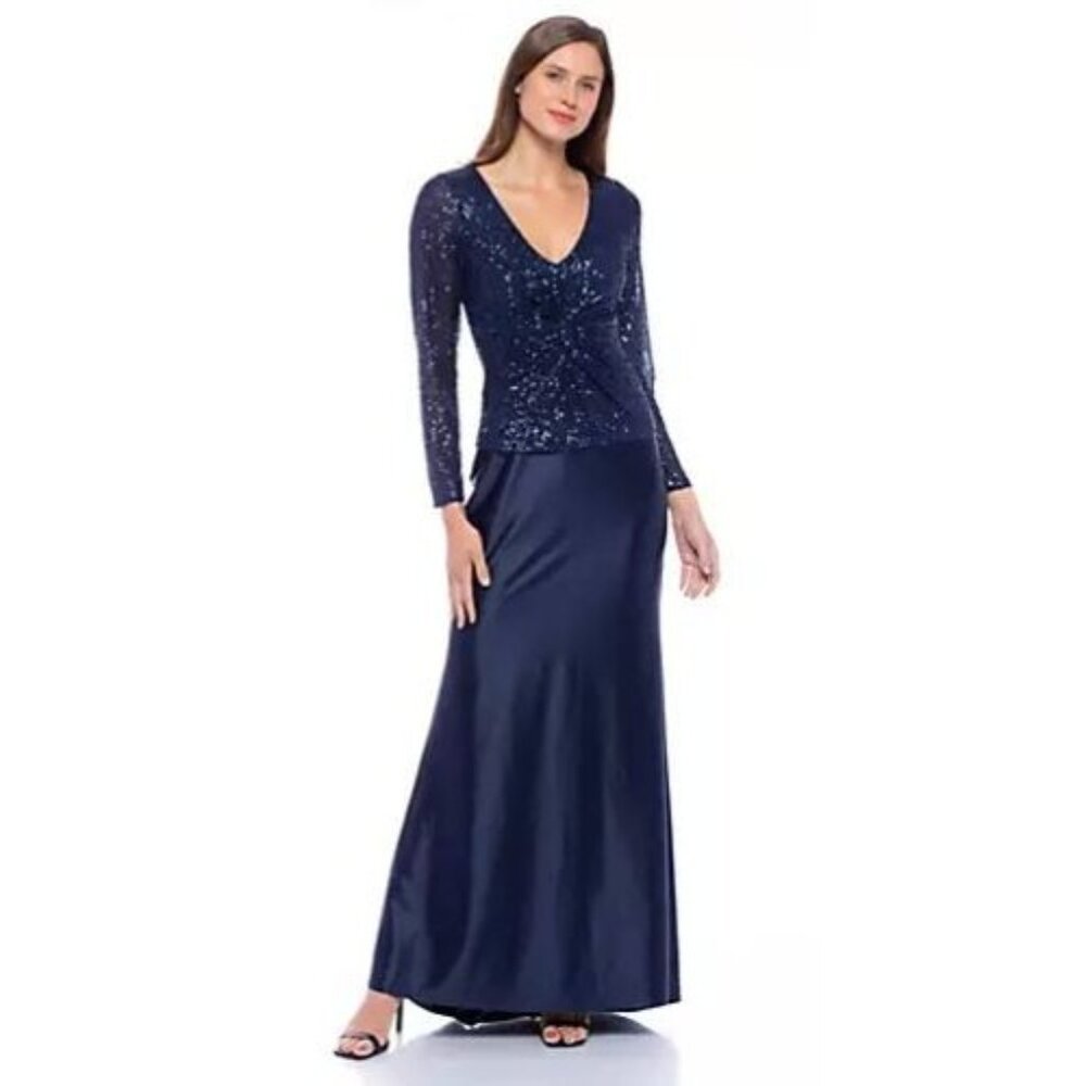 Marina Dresses Front Twist Sequin Charm Gown Womens Small Navy Maxi Long‎ Sleeve
